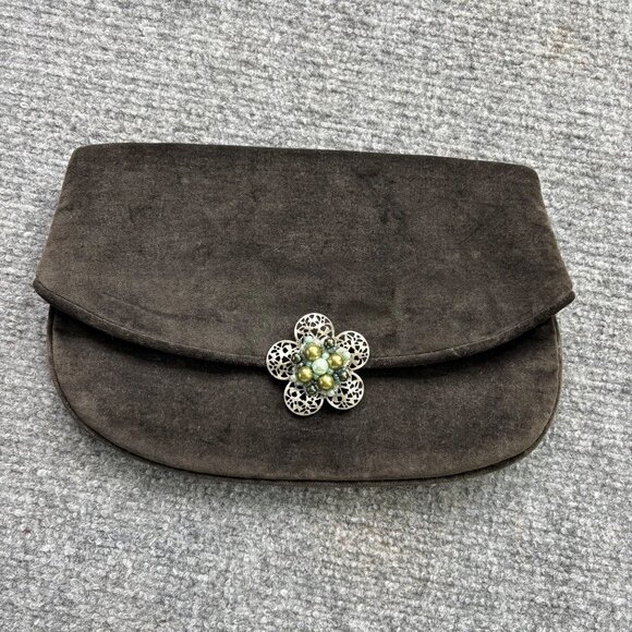 Vintage Jeannie Bouchever Velvet Evening Clutch Brown Floral Brooch To close - Picture 1 of 11